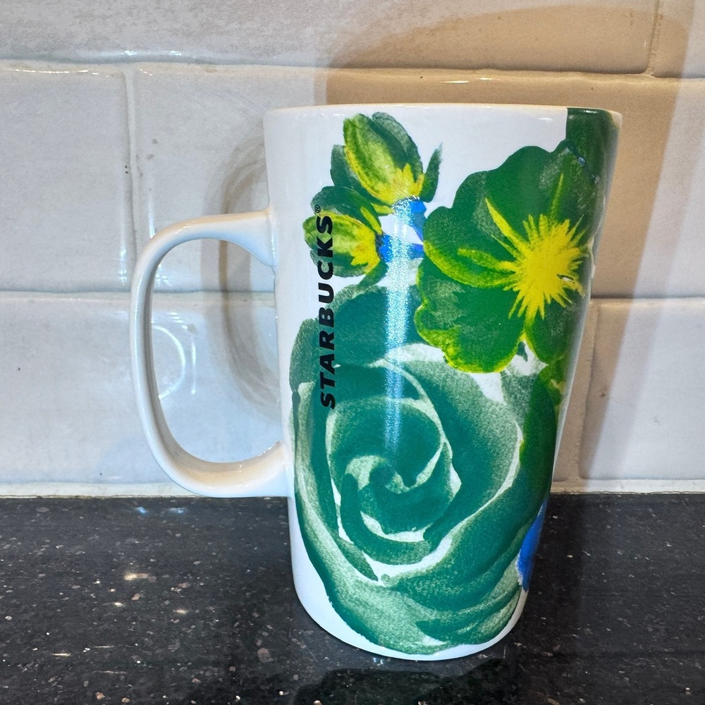 Starbucks 2014 Floral Coffee Mug 16oz Green Blue Yellow Flower Painterly Ceramic